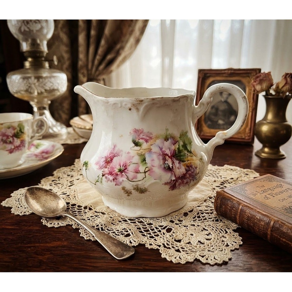 Antique Victorian Floral Porcelain Creamer Pitcher C. 1890 Hand Painted Pink